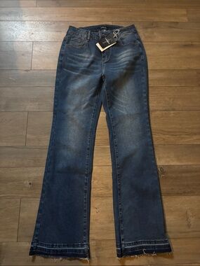 Dark Blue Flare Jeans with Raw Hem - Women's Boot Cut